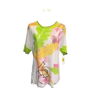 Alain Weiz Womens Abstract Leaf Print Mesh T-Shirt Neon Green White Size 16/18